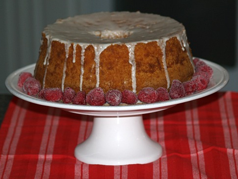 lemon pound cake topped with a and served with raspberry sauce